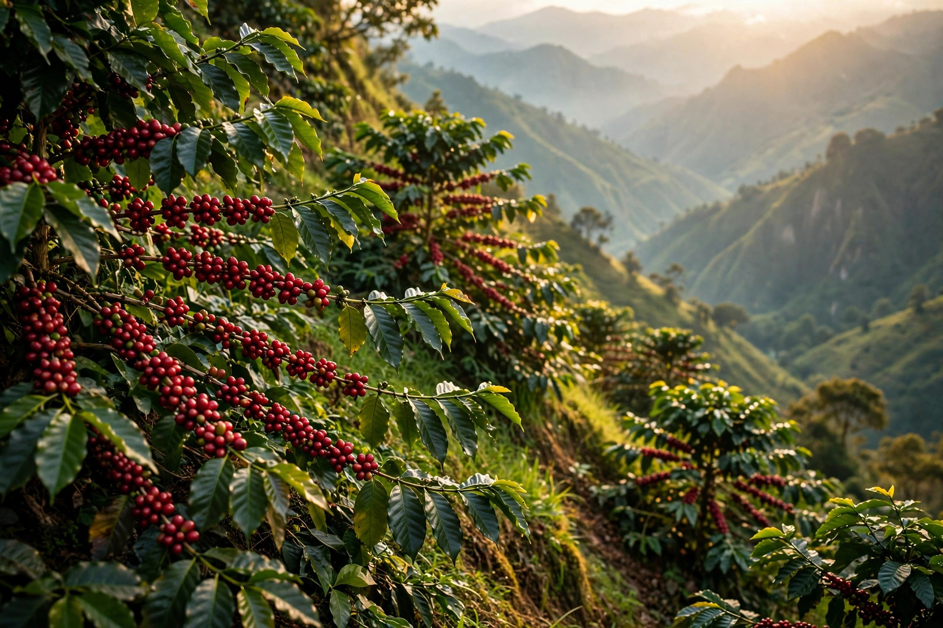 Cafetos cargados de fruto rojo en las laderas de Caldas